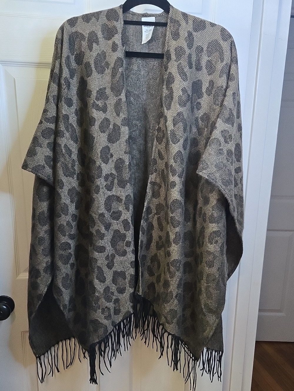 Woolrich Leopard Print Fringe Poncho in Gray and Cream